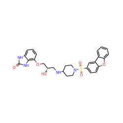 O=c1[nH]c2cccc(OC[C@@H](O)CNC3CCN(S(=O)(=O)c4ccc5oc6ccccc6c5c4)CC3)c2[nH]1 ZINC000026279541