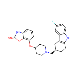 O=c1[nH]c2cccc(OC3CCN(C[C@@H]4CCc5[nH]c6ccc(F)cc6c5C4)CC3)c2o1 ZINC000045245747