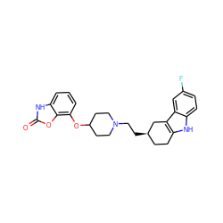 O=c1[nH]c2cccc(OC3CCN(CC[C@@H]4CCc5[nH]c6ccc(F)cc6c5C4)CC3)c2o1 ZINC000045245059