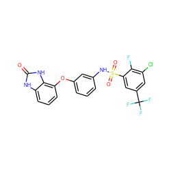 O=c1[nH]c2cccc(Oc3cccc(NS(=O)(=O)c4cc(C(F)(F)F)cc(Cl)c4F)c3)c2[nH]1 ZINC000045368074