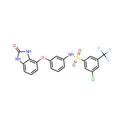 O=c1[nH]c2cccc(Oc3cccc(NS(=O)(=O)c4cc(Cl)cc(C(F)(F)F)c4)c3)c2[nH]1 ZINC000045367758