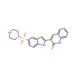 O=c1[nH]c2ccccc2cc1-c1cc2cc(S(=O)(=O)N3CCNCC3)ccc2[nH]1 ZINC000013588778