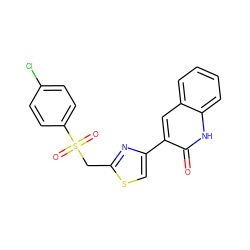 O=c1[nH]c2ccccc2cc1-c1csc(CS(=O)(=O)c2ccc(Cl)cc2)n1 ZINC000014974782