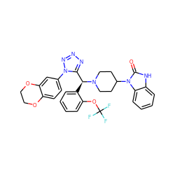 O=c1[nH]c2ccccc2n1C1CCN([C@@H](c2ccccc2OC(F)(F)F)c2nnnn2-c2ccc3c(c2)OCCO3)CC1 ZINC000072135951