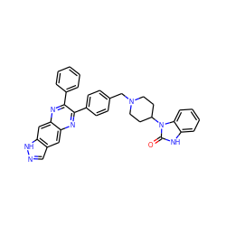 O=c1[nH]c2ccccc2n1C1CCN(Cc2ccc(-c3nc4cc5cn[nH]c5cc4nc3-c3ccccc3)cc2)CC1 ZINC000014957955