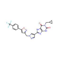 O=c1[nH]c2nc(-c3cnn(Cc4cc(-c5ccc(C(F)(F)F)cc5)on4)c3)[nH]c2c(=O)n1CC1CC1 ZINC000029037367