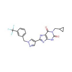 O=c1[nH]c2nc(-c3cnn(Cc4cccc(C(F)(F)F)c4)c3)[nH]c2c(=O)n1CC1CC1 ZINC000029037301