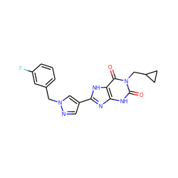 O=c1[nH]c2nc(-c3cnn(Cc4cccc(F)c4)c3)[nH]c2c(=O)n1CC1CC1 ZINC000029037297