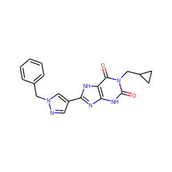 O=c1[nH]c2nc(-c3cnn(Cc4ccccc4)c3)[nH]c2c(=O)n1CC1CC1 ZINC000029037277