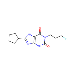 O=c1[nH]c2nc(C3CCCC3)[nH]c2c(=O)n1CCCF ZINC000027639738