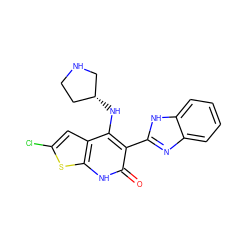 O=c1[nH]c2sc(Cl)cc2c(N[C@@H]2CCNC2)c1-c1nc2ccccc2[nH]1 ZINC000299833032