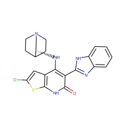 O=c1[nH]c2sc(Cl)cc2c(N[C@H]2CN3CCC2CC3)c1-c1nc2ccccc2[nH]1 ZINC000299832813