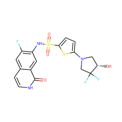 O=c1[nH]ccc2cc(F)c(NS(=O)(=O)c3ccc(N4C[C@H](O)C(F)(F)C4)s3)cc12 ZINC001772634462