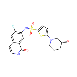 O=c1[nH]ccc2cc(F)c(NS(=O)(=O)c3ccc(N4CCC[C@@H](O)C4)s3)cc12 ZINC001772647582