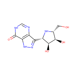 O=c1[nH]cnc2c([C@@H]3N[C@H](CO)[C@@H](O)[C@H]3O)n[nH]c12 ZINC000013525022