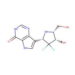 O=c1[nH]cnc2c([C@@H]3N[C@H](CO)[C@H](O)C3(F)F)c[nH]c12 ZINC000027091175