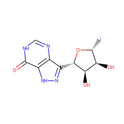 O=c1[nH]cnc2c([C@@H]3O[C@H](I)[C@@H](O)[C@H]3O)n[nH]c12 ZINC000025981409