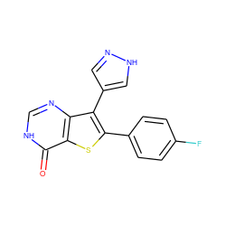 O=c1[nH]cnc2c(-c3cn[nH]c3)c(-c3ccc(F)cc3)sc12 ZINC000084668422