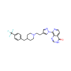 O=c1[nH]cnc2c(-n3cc(CCN4CCC(Cc5ccc(C(F)(F)F)cc5)CC4)cn3)nccc12 ZINC000653742691