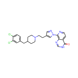 O=c1[nH]cnc2c(-n3cc(CCN4CCC(Cc5ccc(Cl)c(Cl)c5)CC4)cn3)nccc12 ZINC000653742635