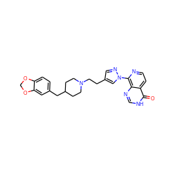 O=c1[nH]cnc2c(-n3cc(CCN4CCC(Cc5ccc6c(c5)OCO6)CC4)cn3)nccc12 ZINC000653730877