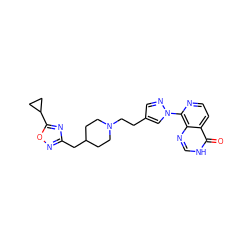 O=c1[nH]cnc2c(-n3cc(CCN4CCC(Cc5noc(C6CC6)n5)CC4)cn3)nccc12 ZINC000653735527