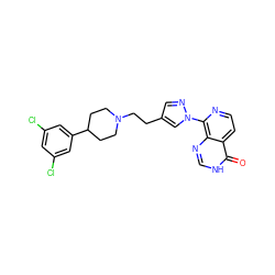 O=c1[nH]cnc2c(-n3cc(CCN4CCC(c5cc(Cl)cc(Cl)c5)CC4)cn3)nccc12 ZINC000263620975