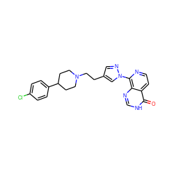 O=c1[nH]cnc2c(-n3cc(CCN4CCC(c5ccc(Cl)cc5)CC4)cn3)nccc12 ZINC000263621056