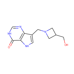 O=c1[nH]cnc2c(CN3CC(CO)C3)c[nH]c12 ZINC000014977914