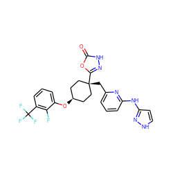 O=c1[nH]nc([C@]2(Cc3cccc(Nc4cc[nH]n4)n3)CC[C@@H](Oc3cccc(C(F)(F)F)c3F)CC2)o1 ZINC001772629972