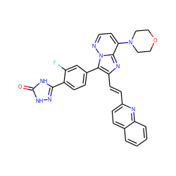 O=c1[nH]nc(-c2ccc(-c3c(/C=C/c4ccc5ccccc5n4)nc4c(N5CCOCC5)ccnn34)cc2F)[nH]1 ZINC001772649549