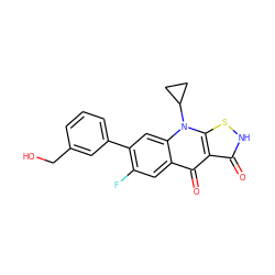 O=c1[nH]sc2c1c(=O)c1cc(F)c(-c3cccc(CO)c3)cc1n2C1CC1 ZINC000028571023