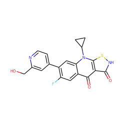 O=c1[nH]sc2c1c(=O)c1cc(F)c(-c3ccnc(CO)c3)cc1n2C1CC1 ZINC000028570395