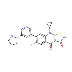 O=c1[nH]sc2c1c(=O)c1cc(F)c(-c3cncc([C@@H]4CCCN4)c3)cc1n2C1CC1 ZINC000028569584