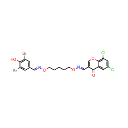 O=c1c(/C=N/OCCCCCO/N=C/c2cc(Br)c(O)c(Br)c2)coc2c(Cl)cc(Cl)cc12 ZINC000026995826