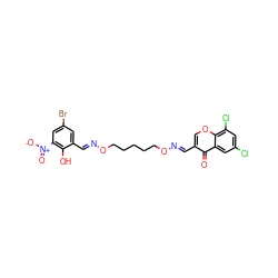 O=c1c(/C=N/OCCCCCO/N=C/c2cc(Br)cc([N+](=O)[O-])c2O)coc2c(Cl)cc(Cl)cc12 ZINC000026981657