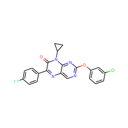 O=c1c(-c2ccc(F)cc2)nc2cnc(Oc3cccc(Cl)c3)nc2n1C1CC1 ZINC000004238595