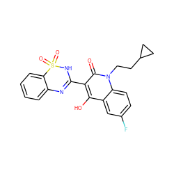 O=c1c(C2=Nc3ccccc3S(=O)(=O)N2)c(O)c2cc(F)ccc2n1CCC1CC1 ZINC000100036569