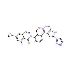 O=c1c2c(F)cc(C3CC3)cc2ccn1-c1cccc(-c2ncnc3[nH]c(-c4cc[nH]n4)cc23)c1CO ZINC000299868545