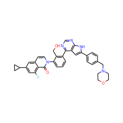 O=c1c2c(F)cc(C3CC3)cc2ccn1-c1cccc(-c2ncnc3[nH]c(-c4ccc(CN5CCOCC5)cc4)cc23)c1CO ZINC000299857450