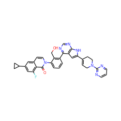 O=c1c2c(F)cc(C3CC3)cc2ccn1-c1cccc(-c2ncnc3[nH]c(C4=CCN(c5ncccn5)CC4)cc23)c1CO ZINC000299864838