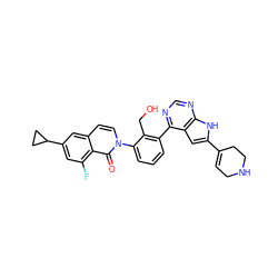 O=c1c2c(F)cc(C3CC3)cc2ccn1-c1cccc(-c2ncnc3[nH]c(C4=CCNCC4)cc23)c1CO ZINC000299868586