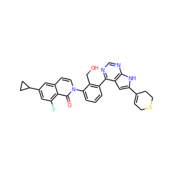 O=c1c2c(F)cc(C3CC3)cc2ccn1-c1cccc(-c2ncnc3[nH]c(C4=CCSCC4)cc23)c1CO ZINC000299862024