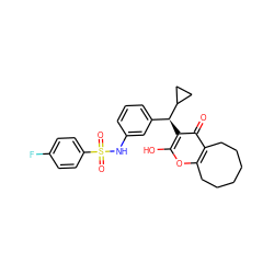 O=c1c2c(oc(O)c1[C@@H](c1cccc(NS(=O)(=O)c3ccc(F)cc3)c1)C1CC1)CCCCCC2 ZINC000100763538