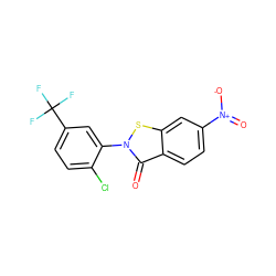 O=c1c2ccc([N+](=O)[O-])cc2sn1-c1cc(C(F)(F)F)ccc1Cl ZINC000001442063