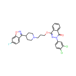 O=c1c2ccccc2c(OCCCN2CCC(c3noc4cc(F)ccc34)CC2)nn1-c1ccc(Cl)c(Cl)c1 ZINC001772612362