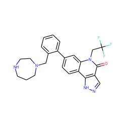 O=c1c2cn[nH]c2c2ccc(-c3ccccc3CN3CCCNCC3)cc2n1CC(F)(F)F ZINC000205047179