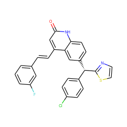 O=c1cc(/C=C/c2cccc(F)c2)c2cc([C@@H](c3ccc(Cl)cc3)c3nccs3)ccc2[nH]1 ZINC001772586796