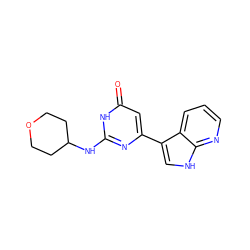 O=c1cc(-c2c[nH]c3ncccc23)nc(NC2CCOCC2)[nH]1 ZINC000101473291