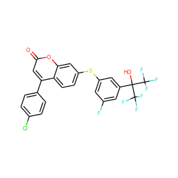 O=c1cc(-c2ccc(Cl)cc2)c2ccc(Sc3cc(F)cc(C(O)(C(F)(F)F)C(F)(F)F)c3)cc2o1 ZINC000036222900